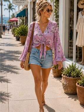 LOVESTITCH Floral Bell Sleeve Tie-Front Blouse – Women’s Boho Crop Top